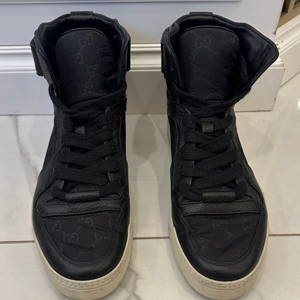 Gucci Black Leather Hi-Top Sneakers with Cream soles